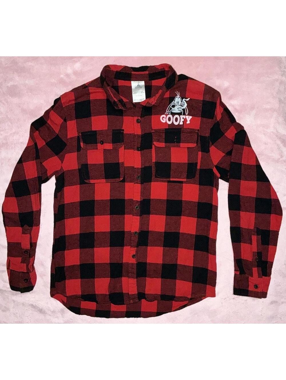 Goofy Disney Shirt Womens Small Red Black Buffalo Plaid Frontierland Coffee